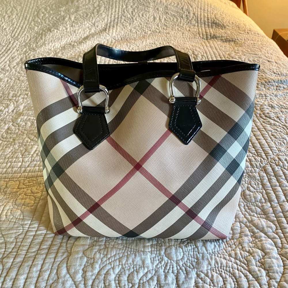 Burberry Beige Nova Check Tote with Black Trim and Red Accents